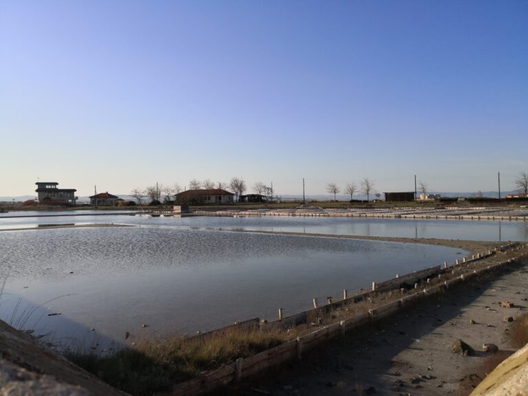 Басейни, пълни с езерна вода (рапа), в солниците на Поморие